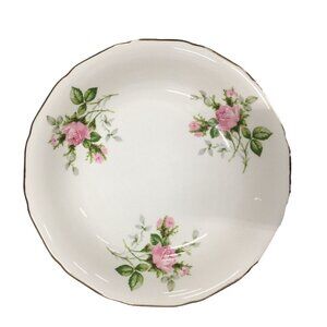 Vintage Canonsburg Hallmark Of Quality Bowl With Ruffled Gold Border & Pink Rose